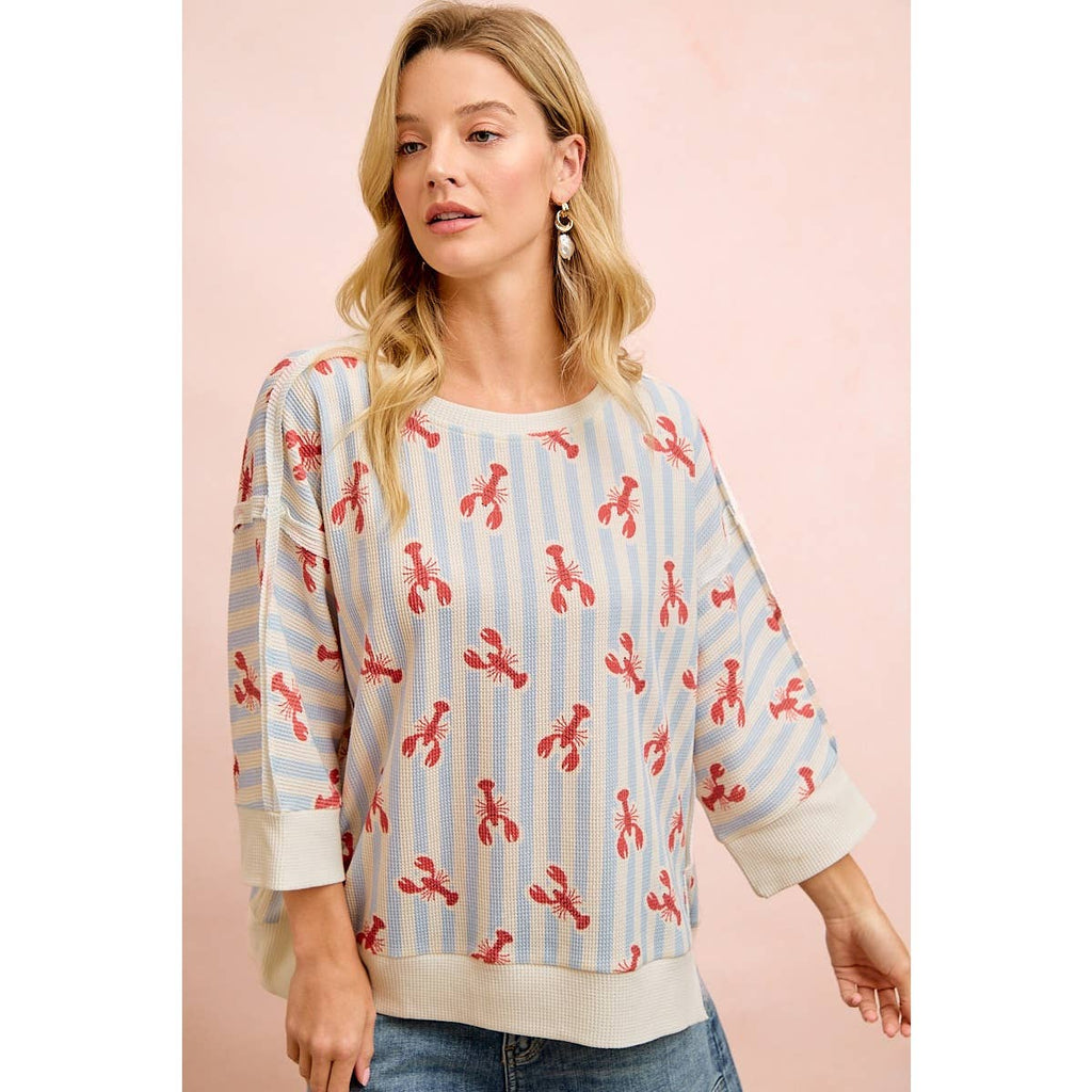 4TH OF JULY LOBSTERS STRIPE WAFFLE KNIT SLEEVE TOP