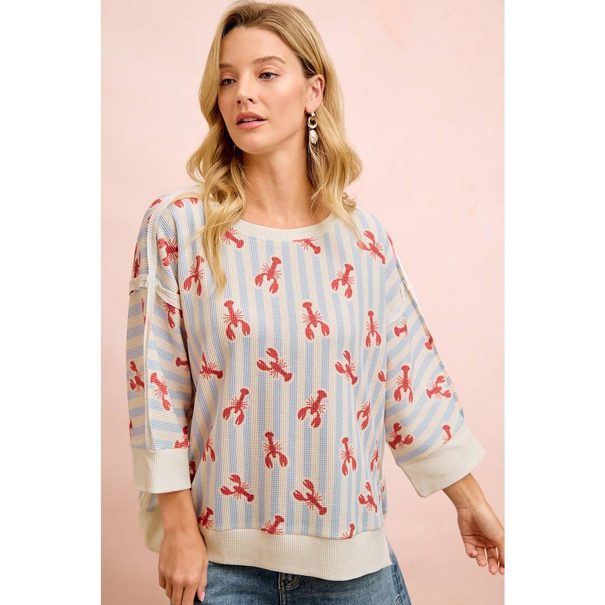 4TH OF JULY LOBSTERS STRIPE WAFFLE KNIT SLEEVE TOP
