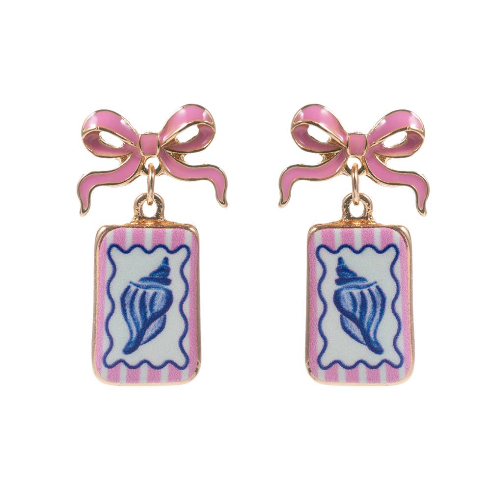 Bow Shell Print Square Frame Drop Earrings