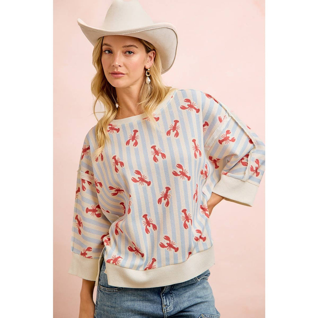 4TH OF JULY LOBSTERS STRIPE WAFFLE KNIT SLEEVE TOP