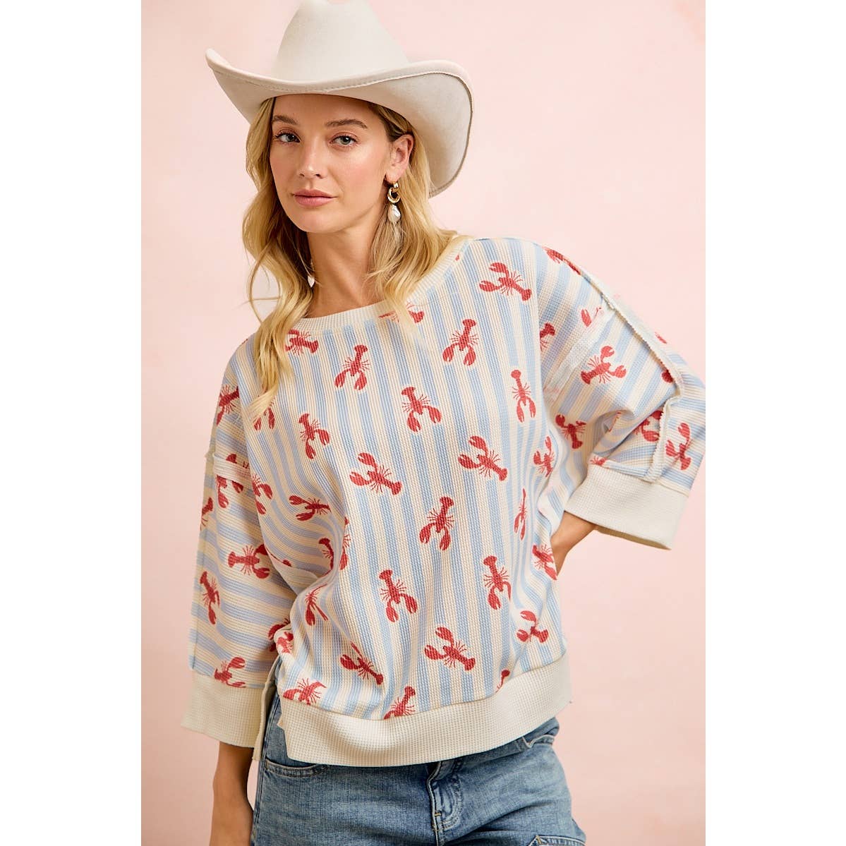 4TH OF JULY LOBSTERS STRIPE WAFFLE KNIT SLEEVE TOP