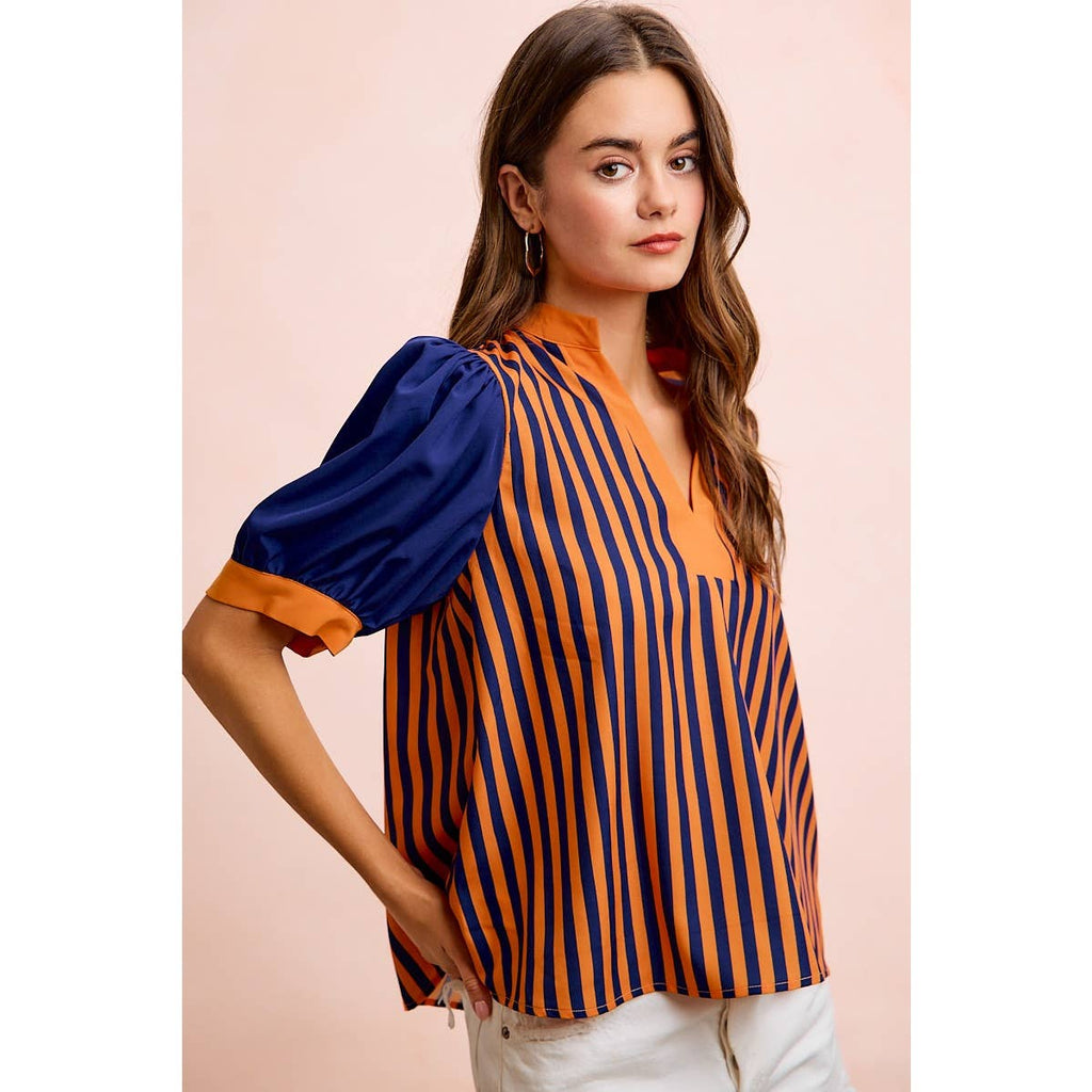 GAMEDAY THEME STRIPED WOVEN BLOUSE TOP