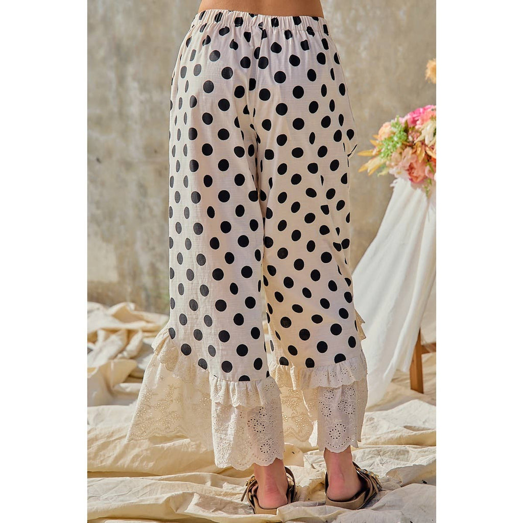 LINEN BLEND POLKA DOT PRINTED RUFFLE LACE HEM PANTS