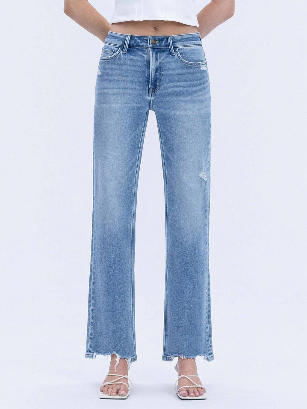 HIGH RISE DISTRESSED HEM SLIM WIDE JEANS