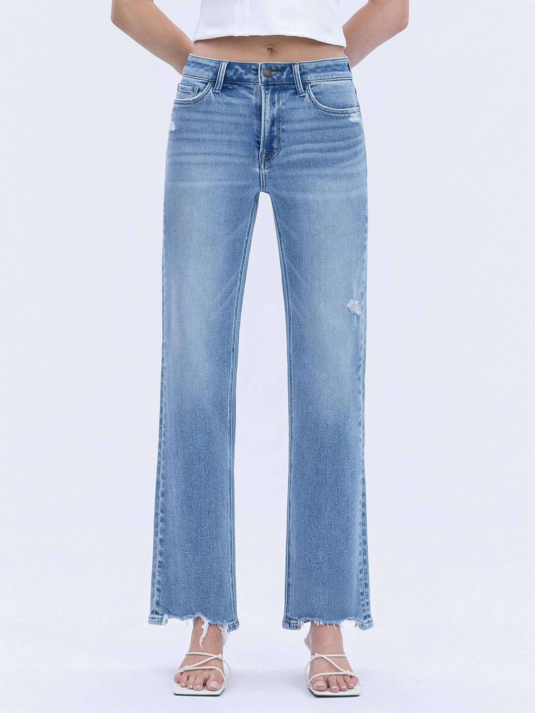 HIGH RISE DISTRESSED HEM SLIM WIDE JEANS