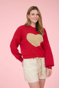 HEART JACQUARD CREW NECK KNIT PULLOVER SWEATER