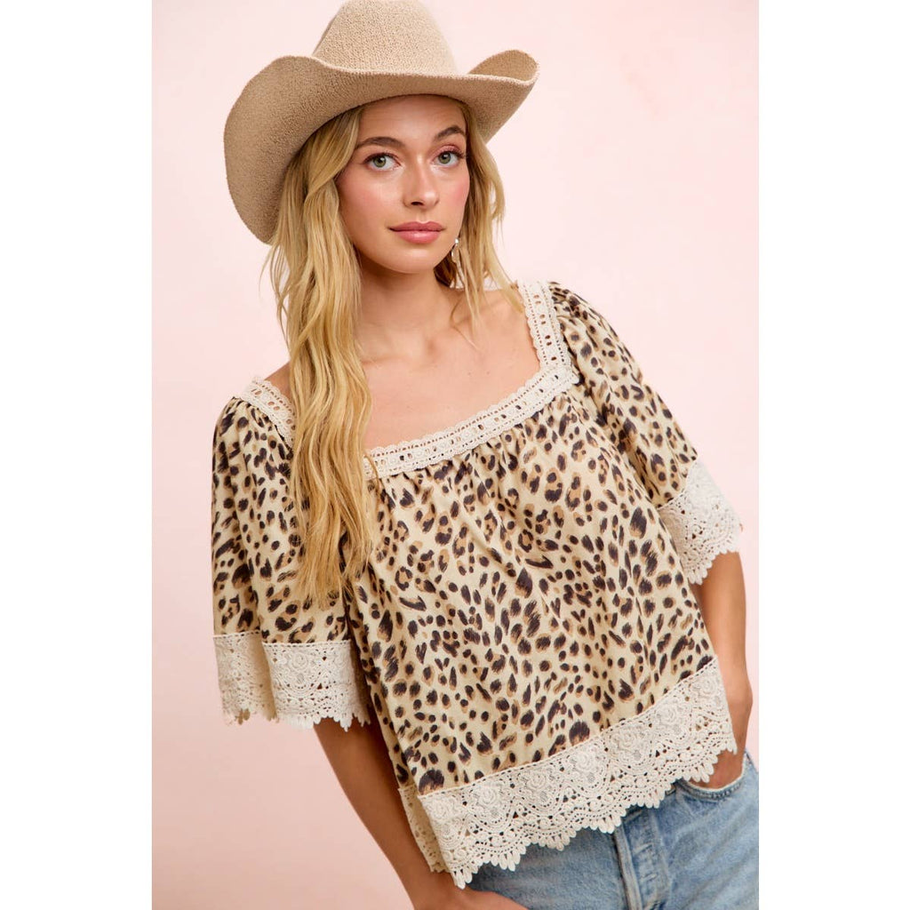 LEOPARD LACE MIX AND MATCH SQUARE NECKLINE TOP