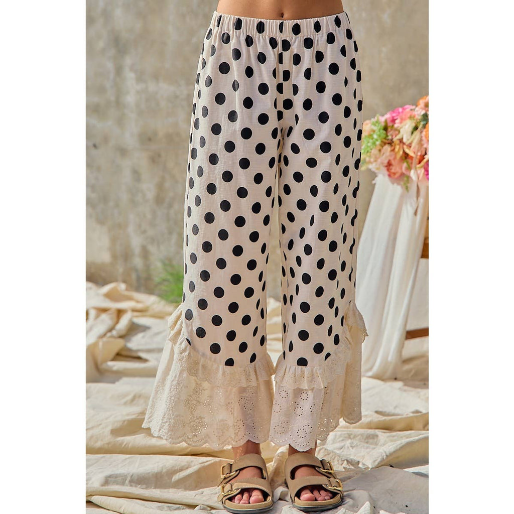 LINEN BLEND POLKA DOT PRINTED RUFFLE LACE HEM PANTS