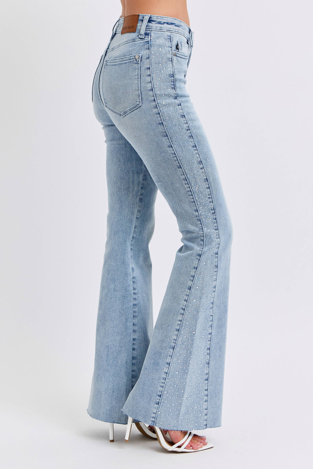 Mid- Rise Rhinestone Side Panel Detail Flare