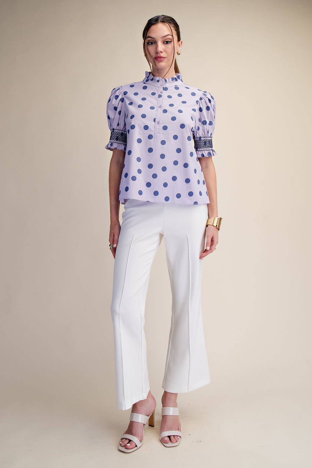Ruffle neck Polka Dot Puff Sleeve Blouse