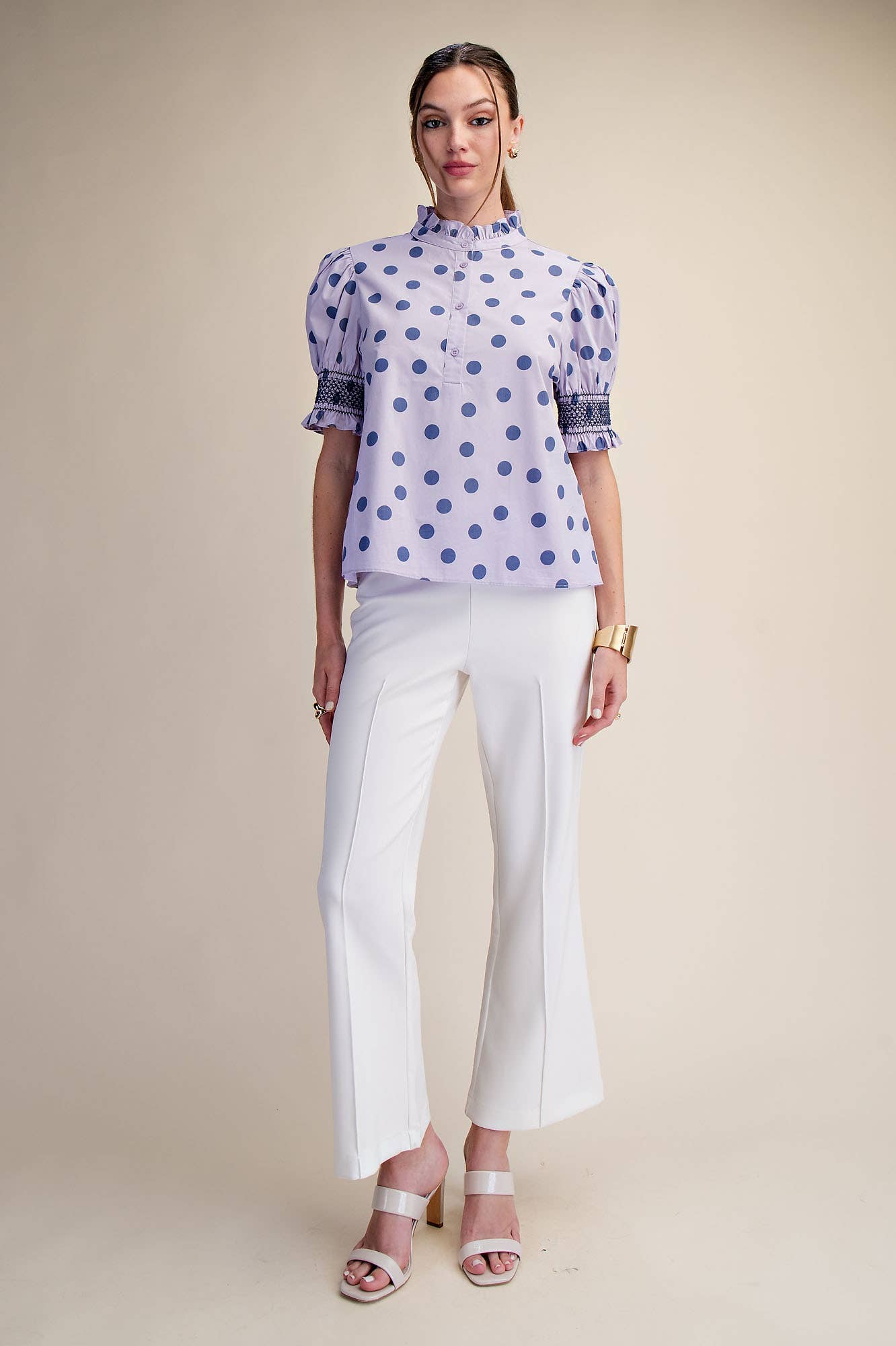 Ruffle neck Polka Dot Puff Sleeve Blouse