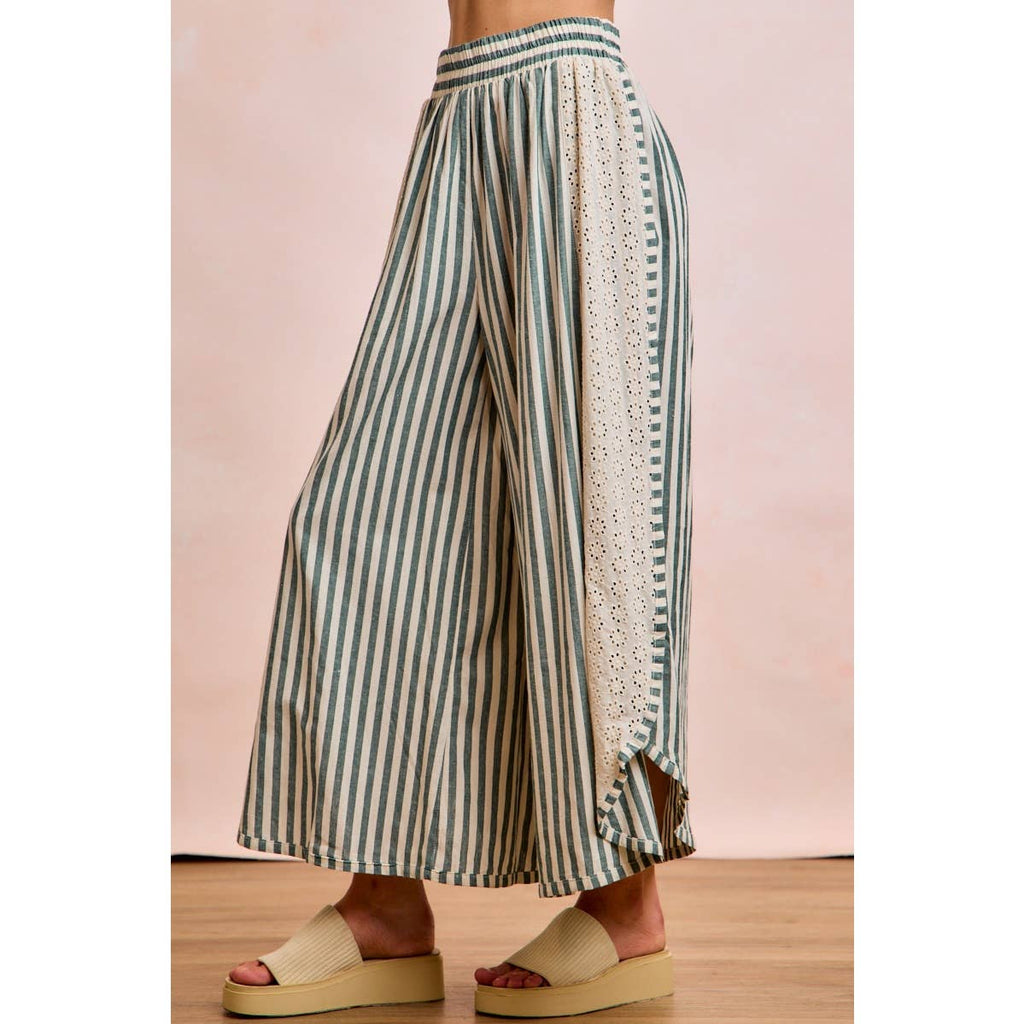 FLORAL EYELET SIDE ELASTIC STRIPES WIDE LEG PANTS