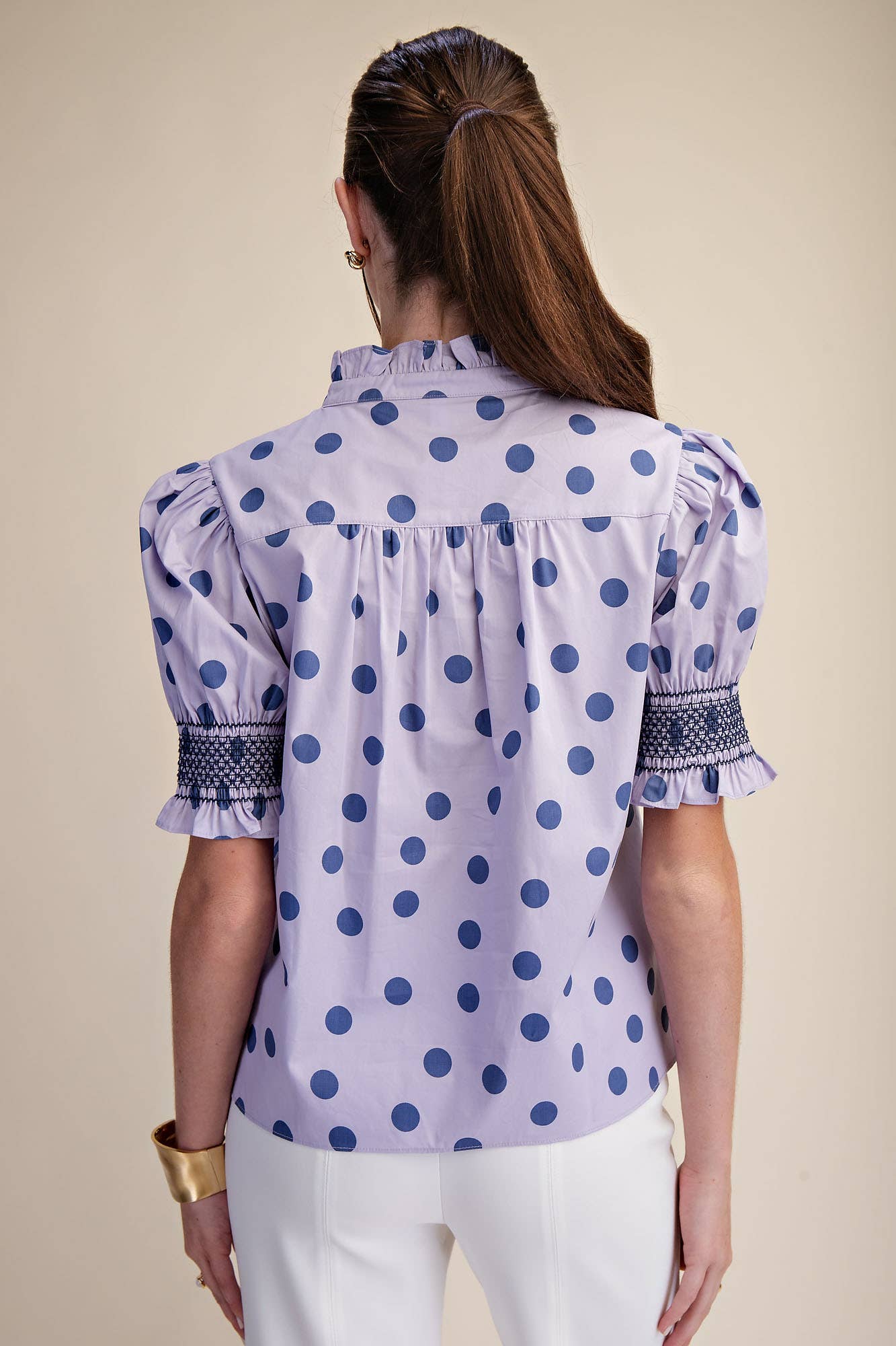 Ruffle neck Polka Dot Puff Sleeve Blouse